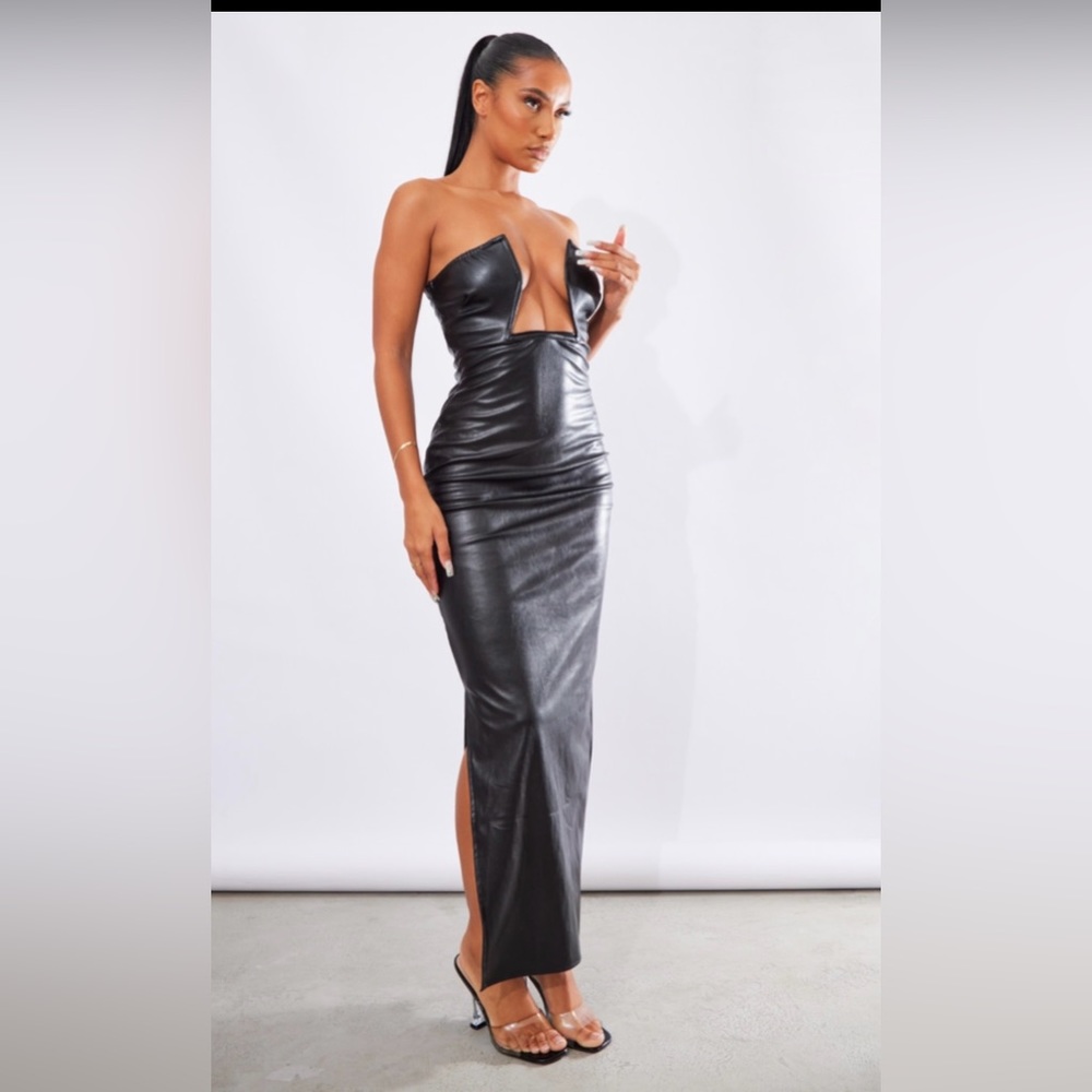 Black PU Extreme V Bar Midaxi Dress